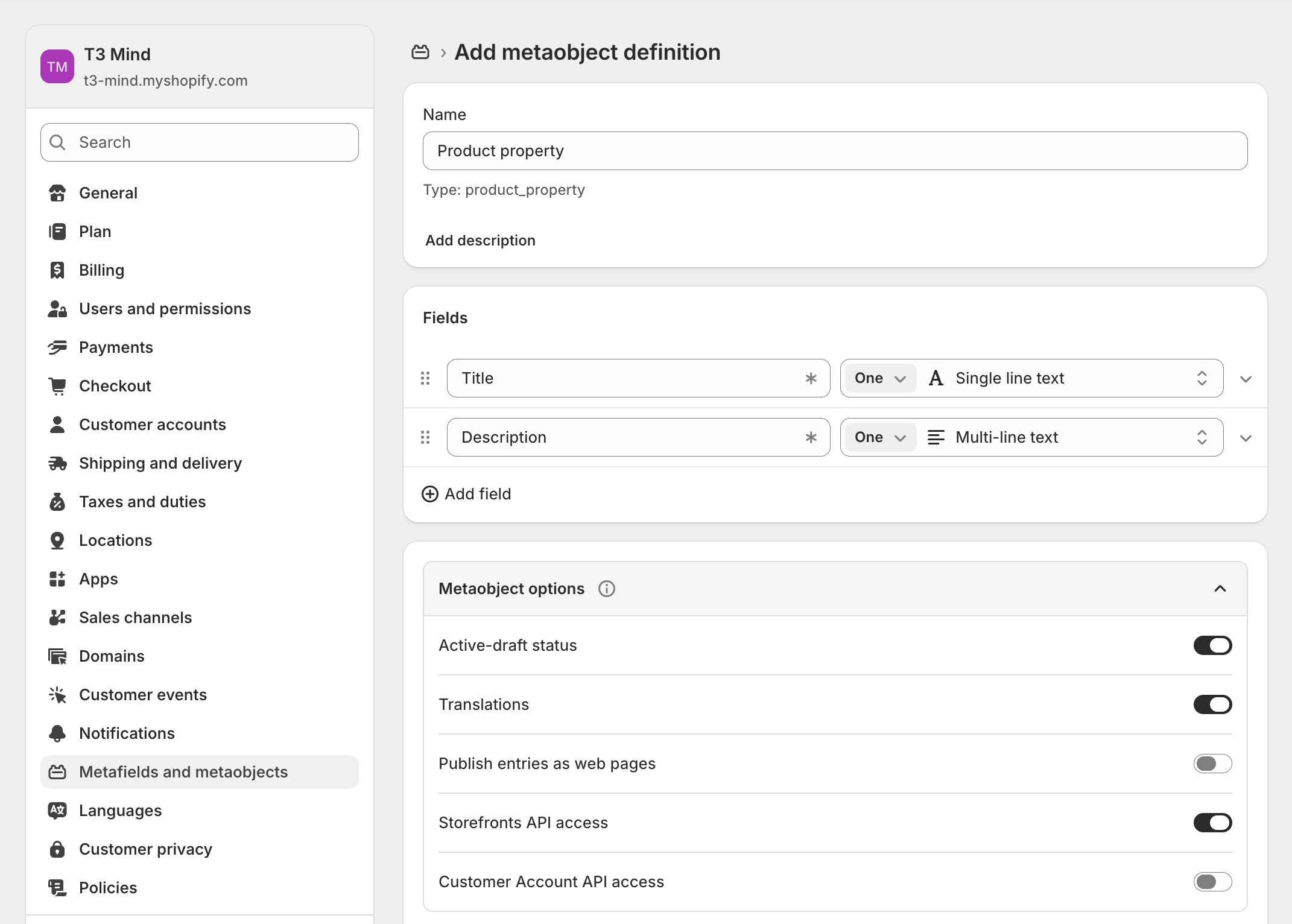 Product property metaobject definition with Title and Description fields